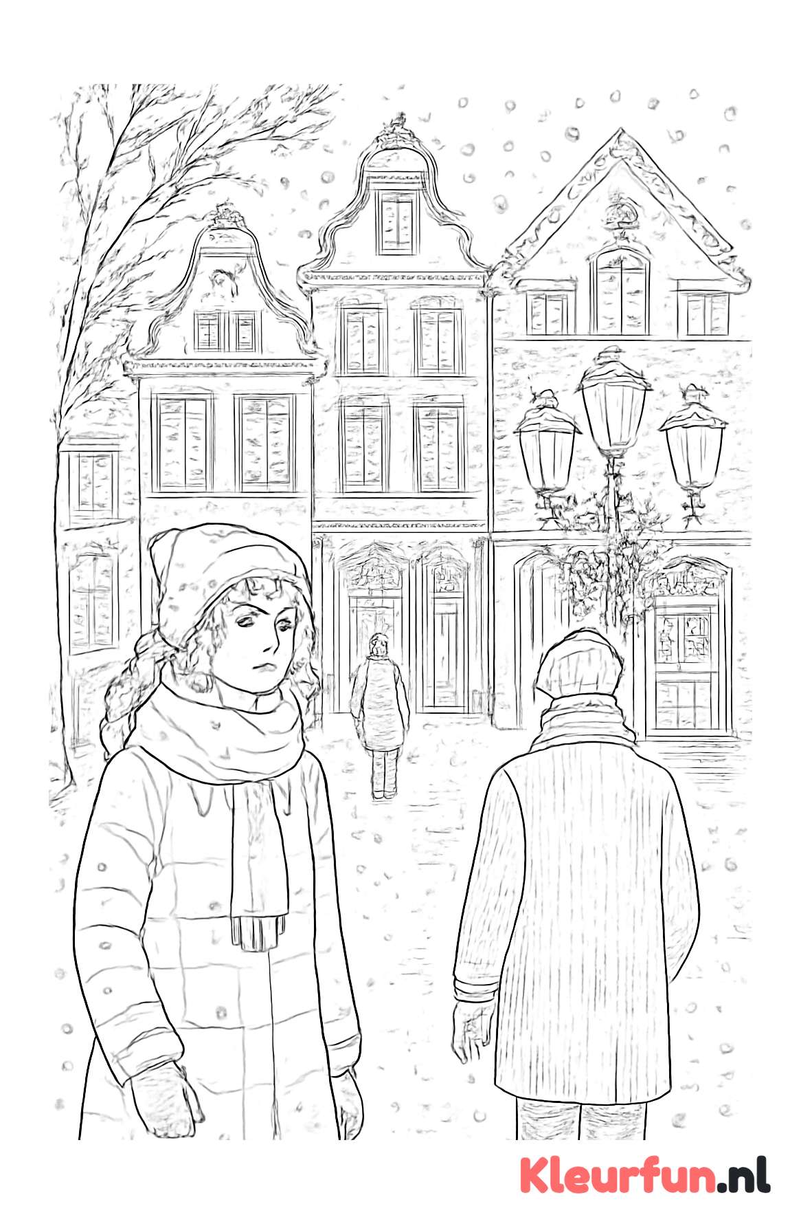 Winterse stad met versierde ramen en straatlantaarns