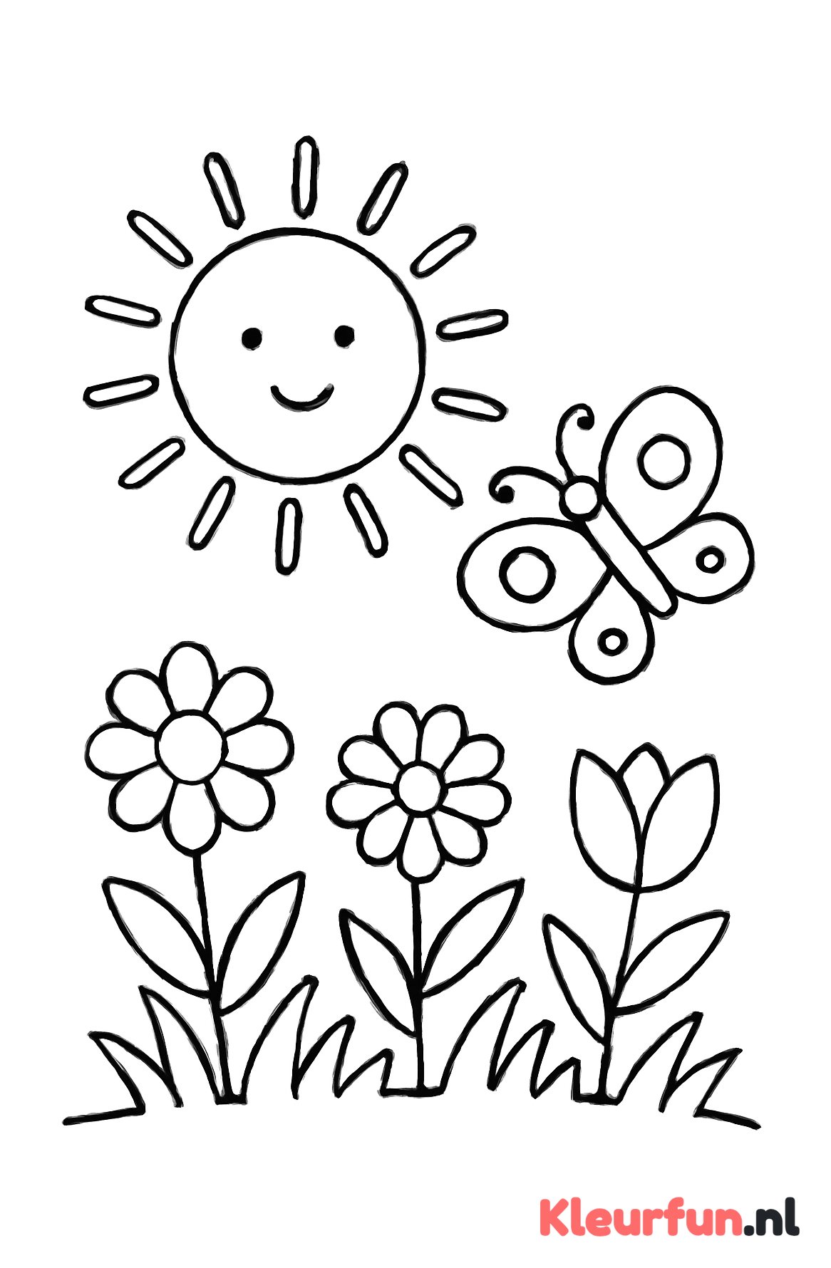 Zon, bloemen en vlinder