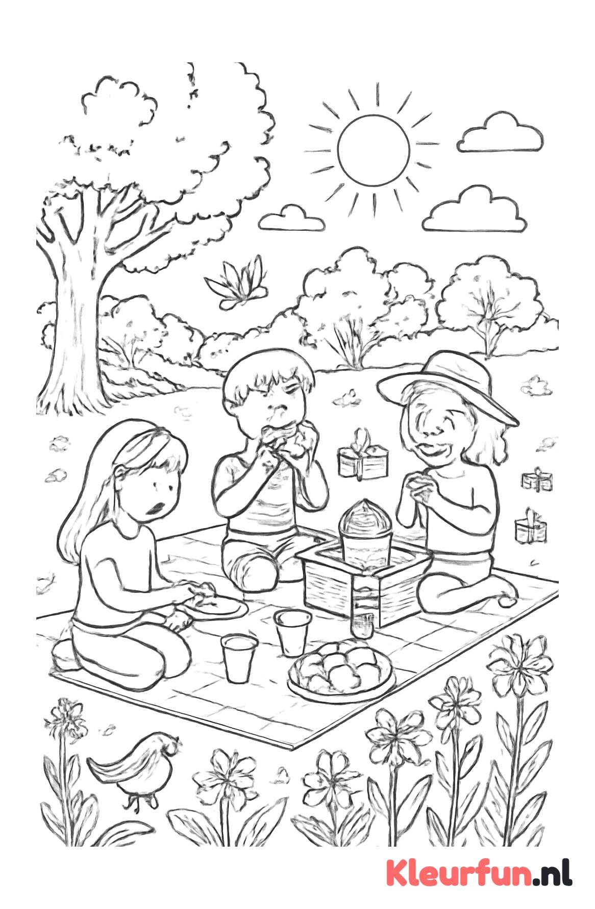 Zomerse picknick met dieren en bloemen