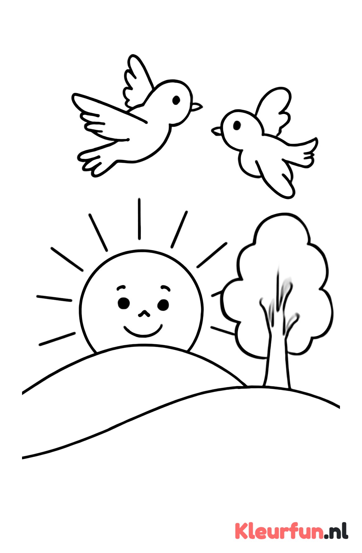 Zon boven heuvel met vogels