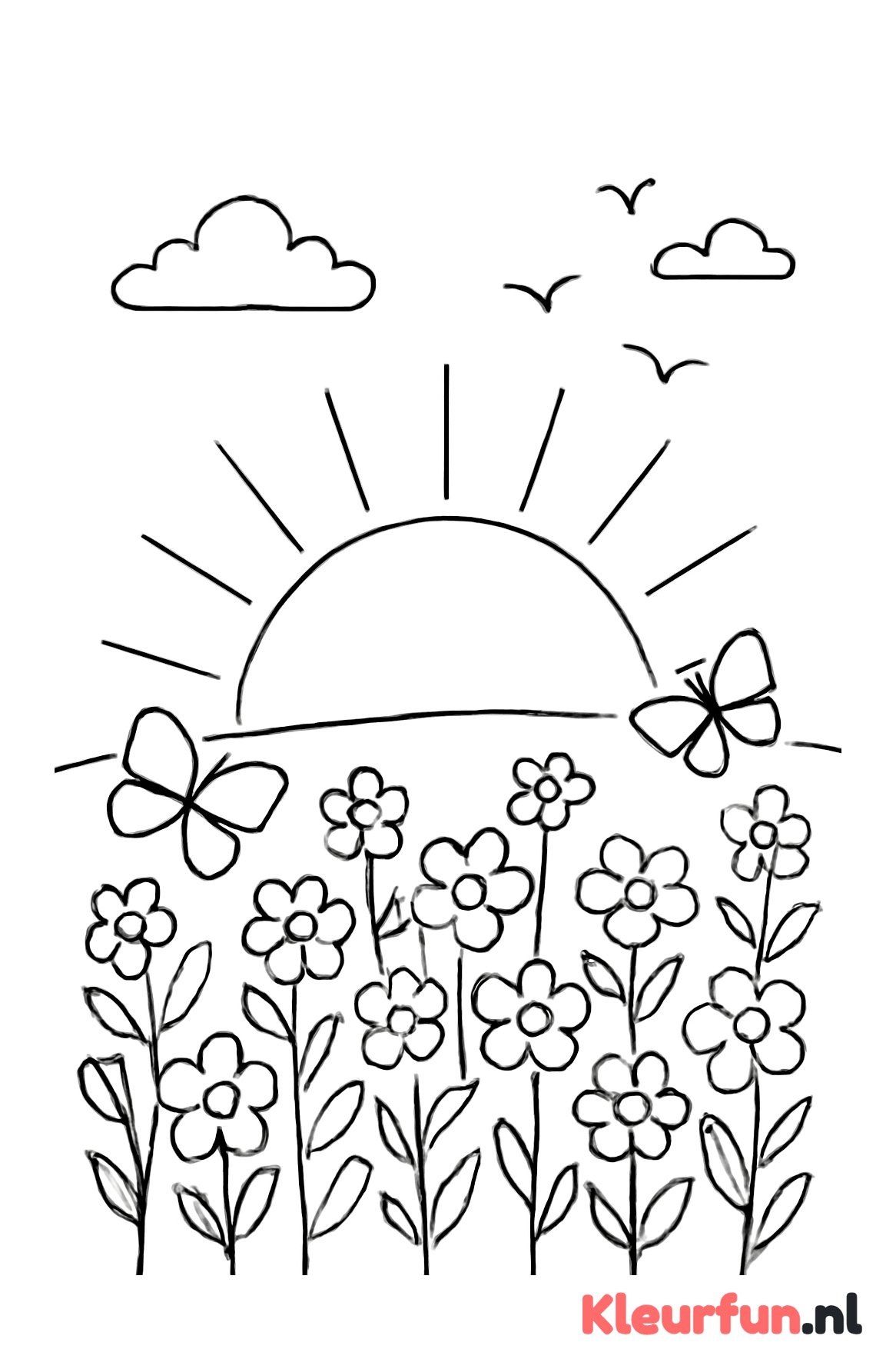 Zonopkomst met bloemen en vogels