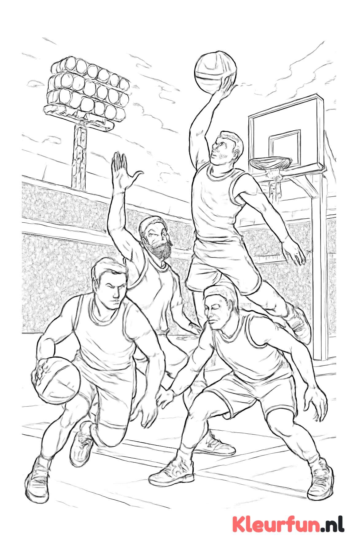 Groep basketballers in actie met stadionachtergrond