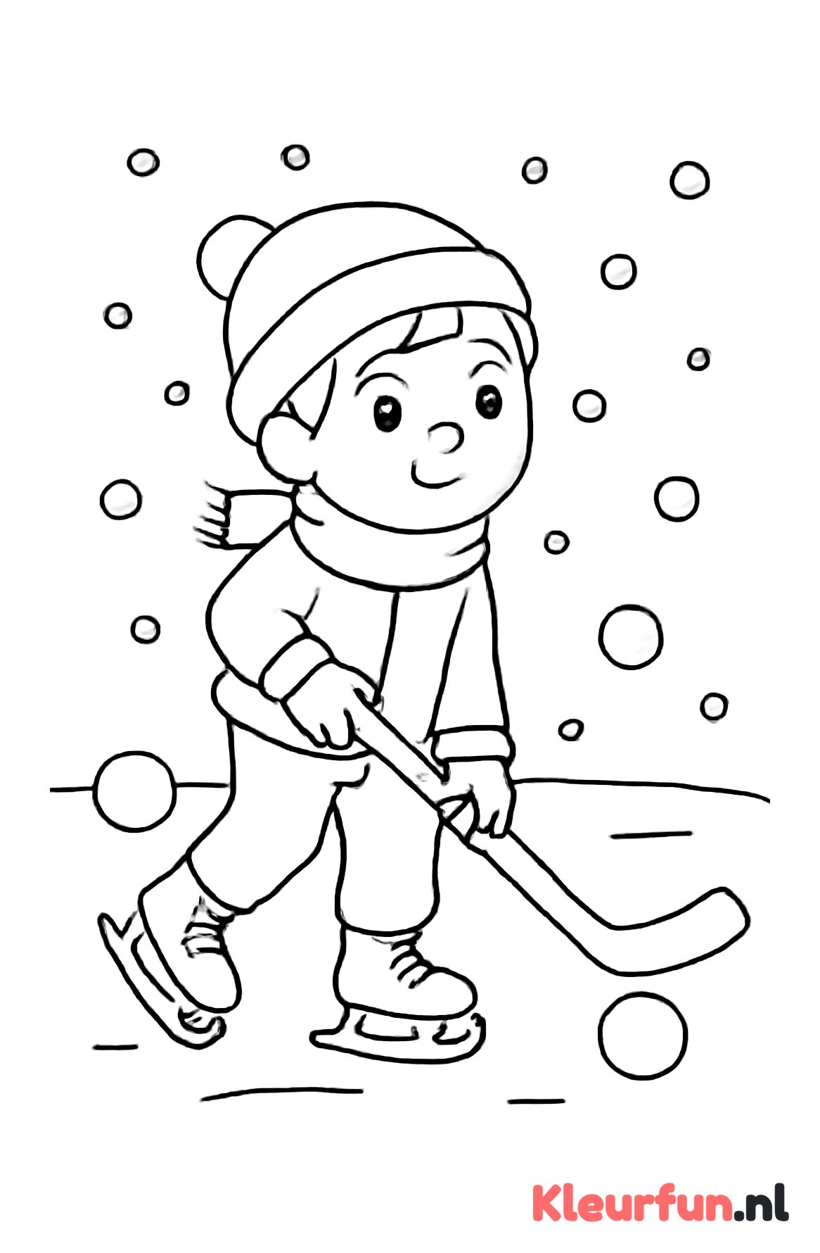 Beginner schaatser met hockey stick op het ijs