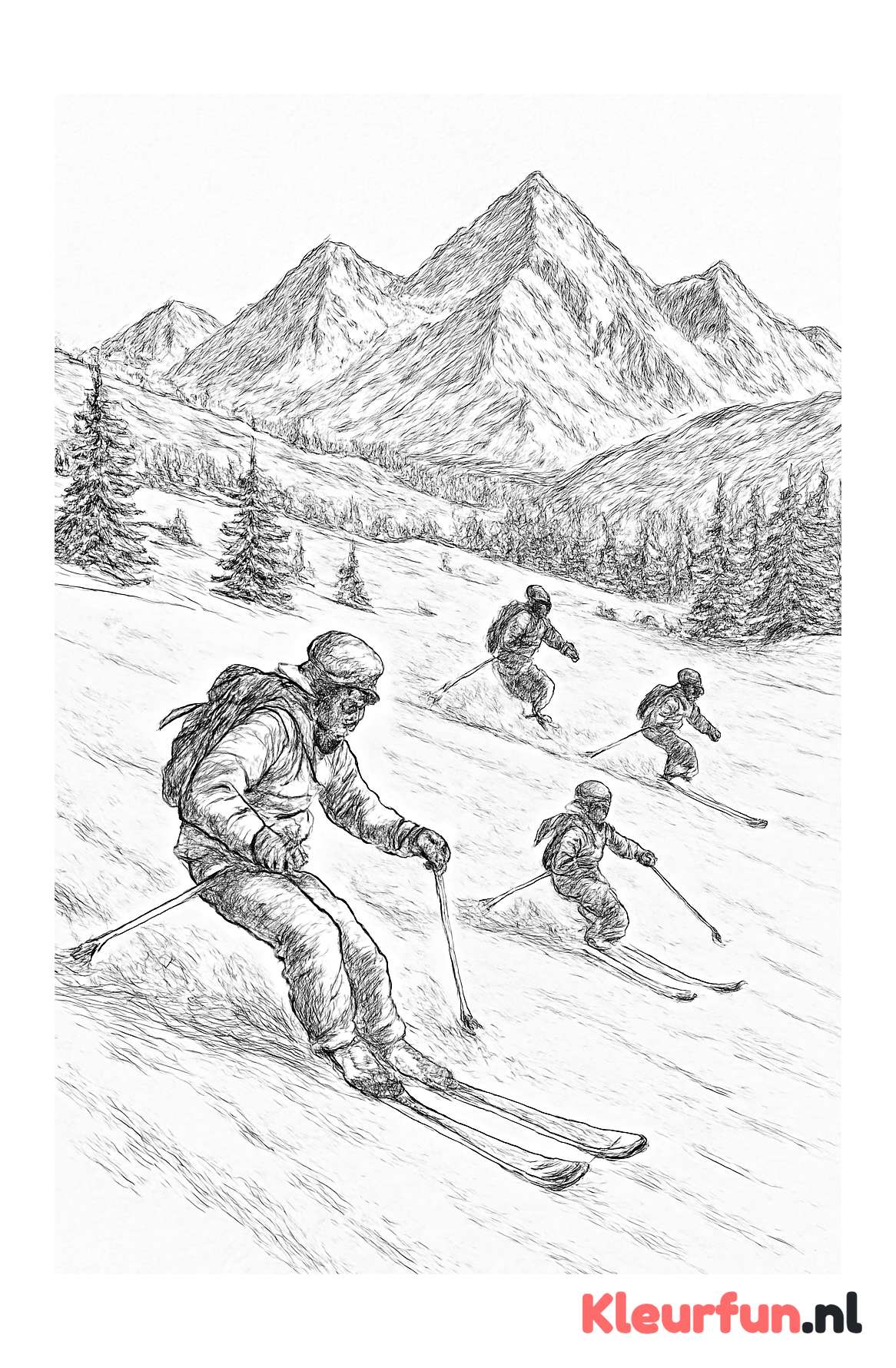 Bergskieurs in besneeuwd veld