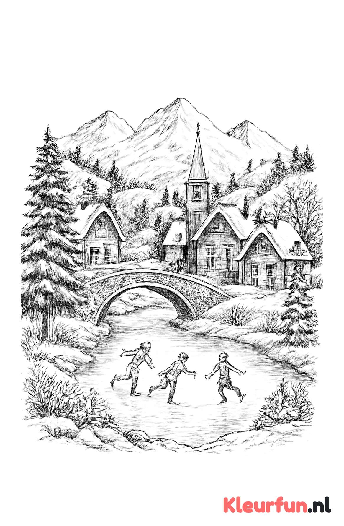 Besneeuwd dorpje met schaatsers