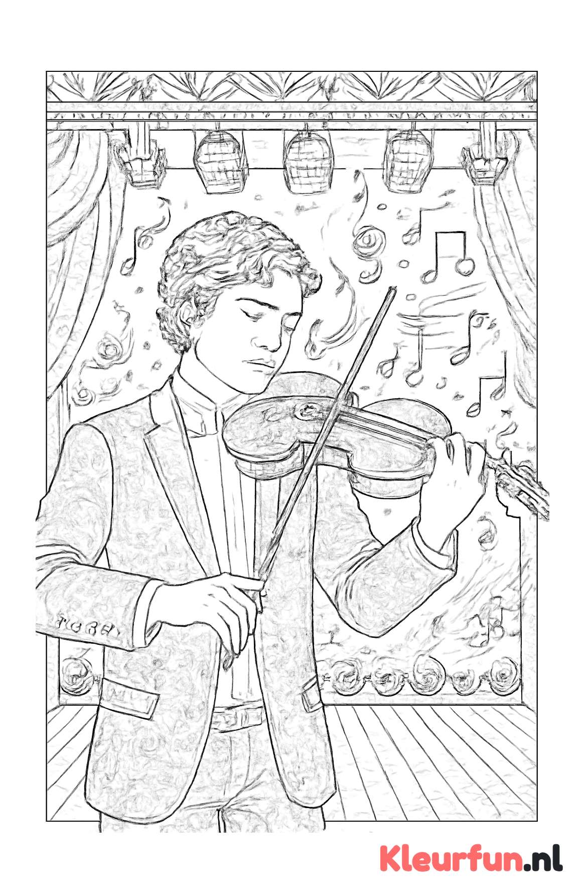 Concertpodium met solovioolspeler en zwevende muzieknoten