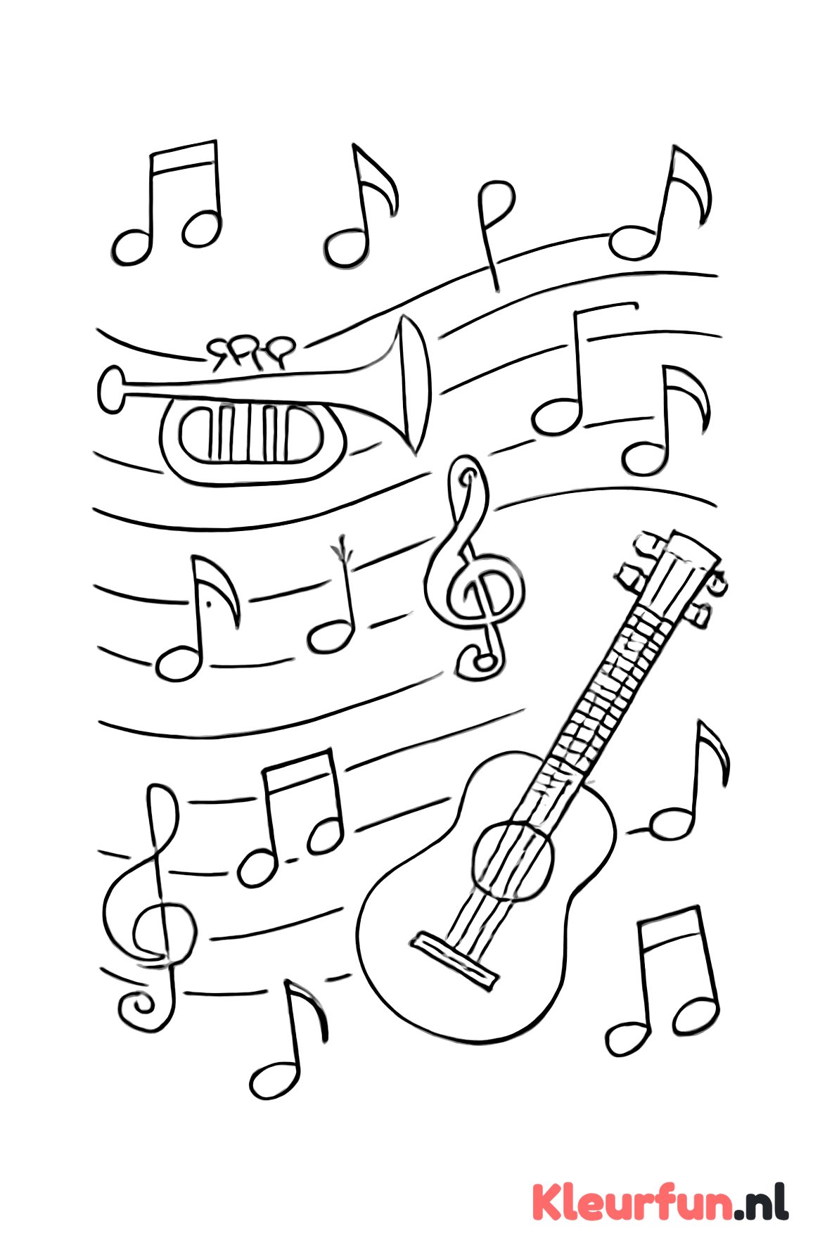 Dansende muzieknoten met trompet en gitaar