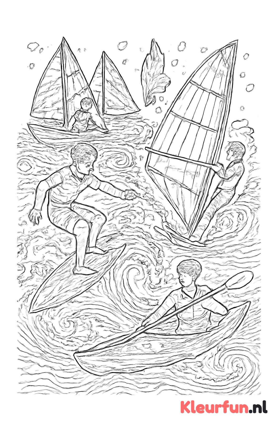 Diverse watersportscene met zeilboten en surfers