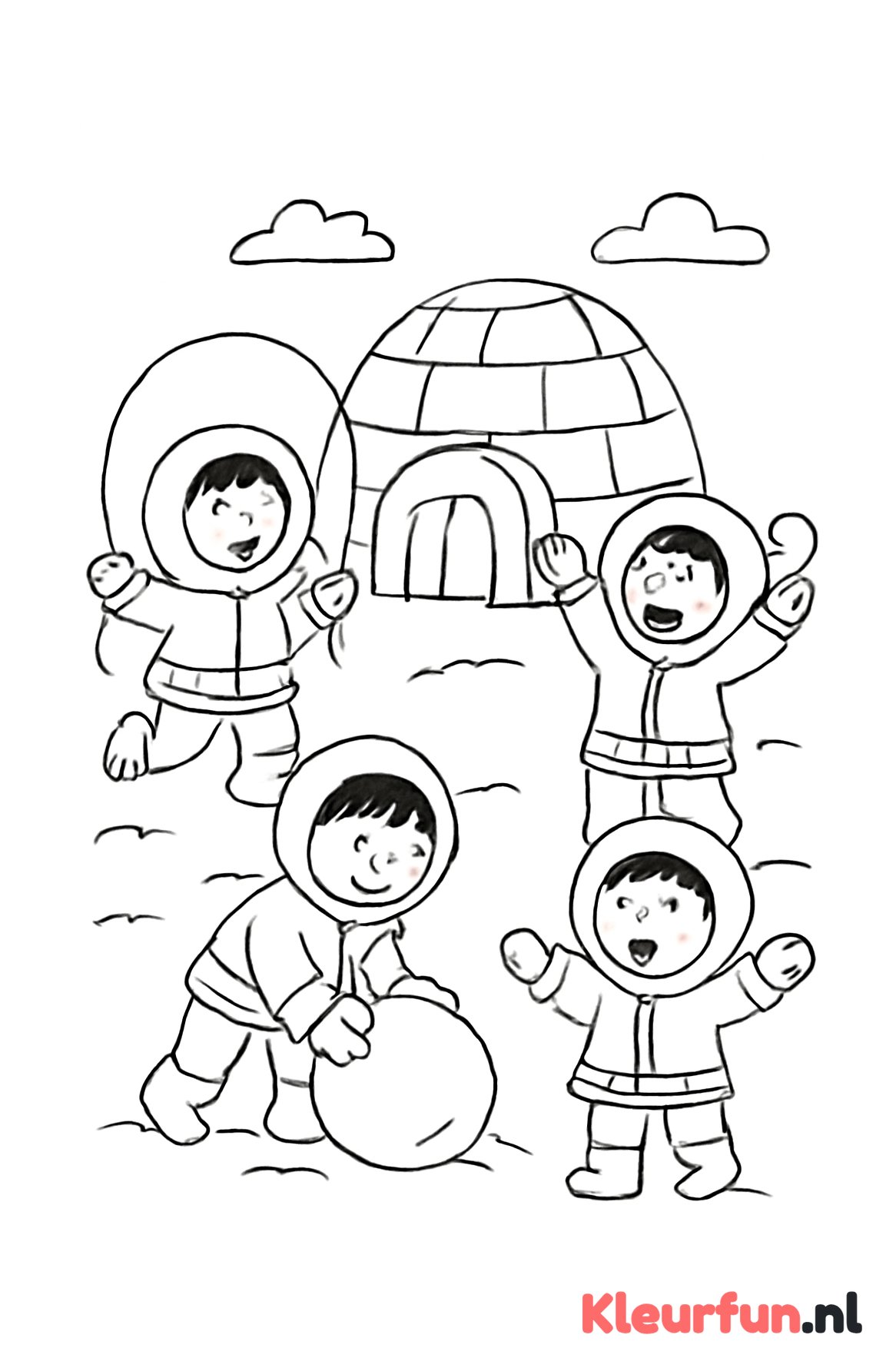 Eskimo kinderen spelen bij iglo