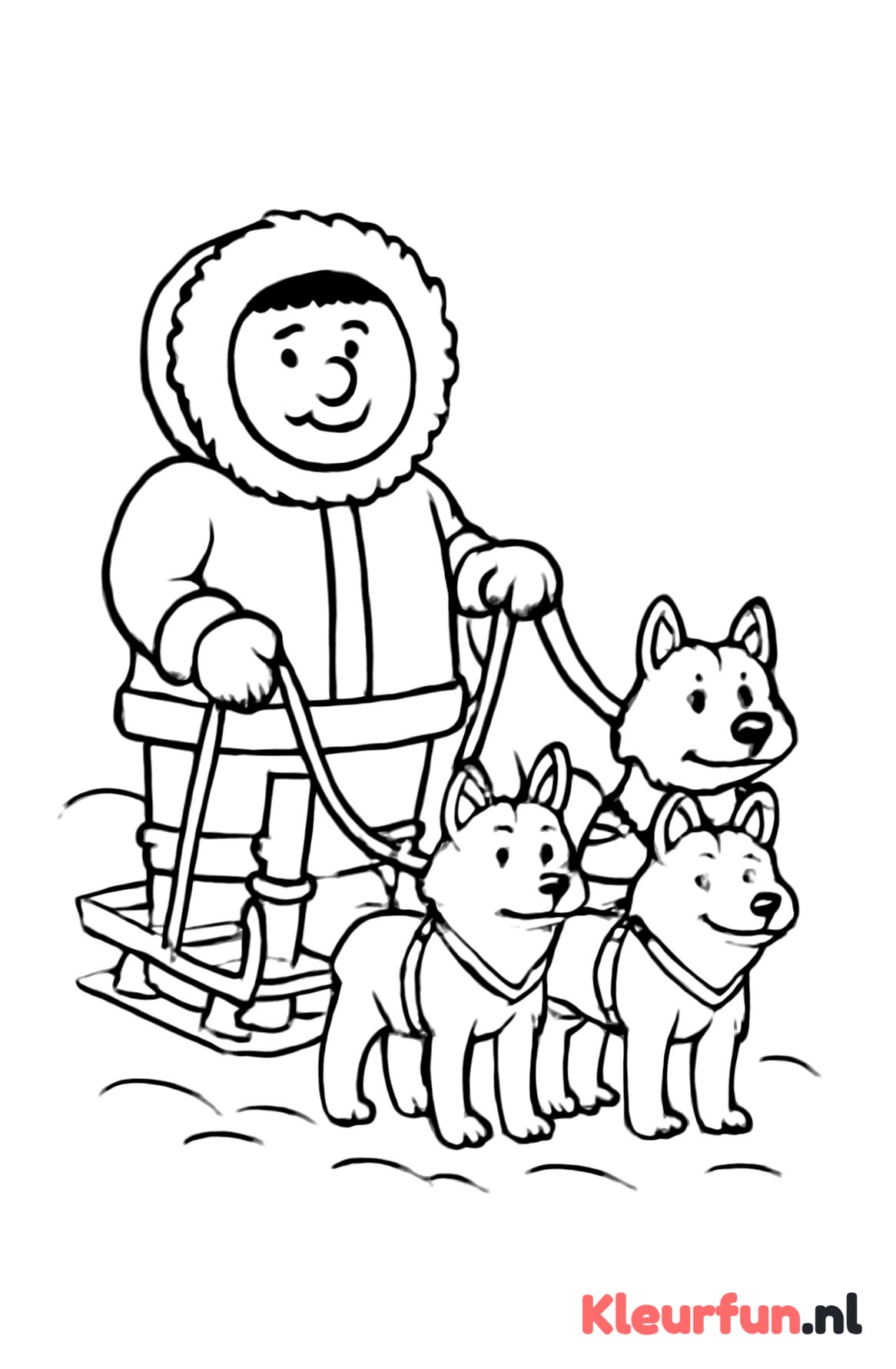 Eskimo met hondenspan in de sneeuw