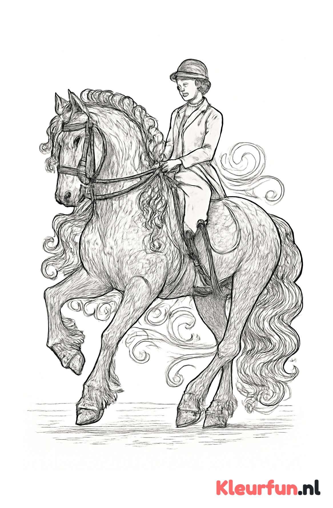Fries paard in dressuurwedstrijd