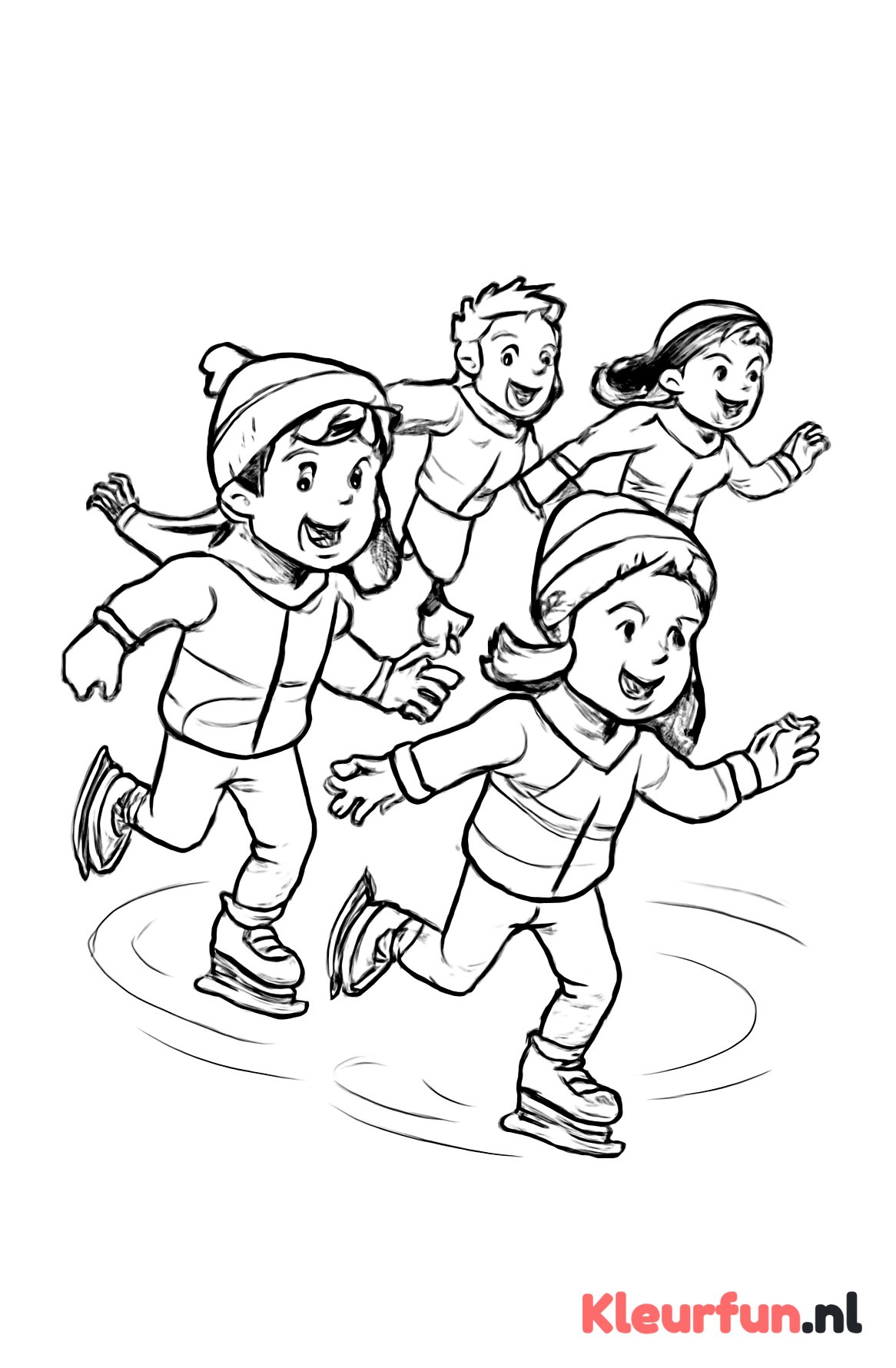 Groep kinderen schaatsen op bevroren meer