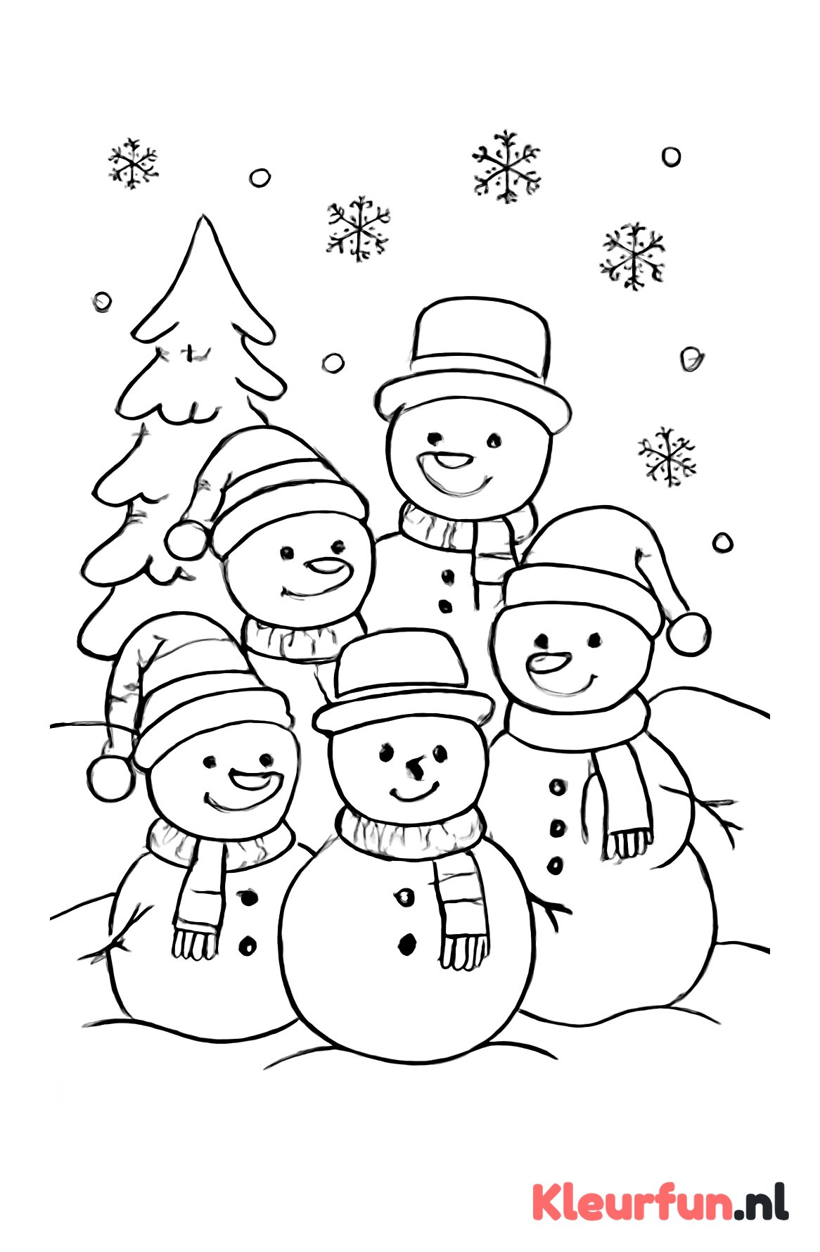 Groep sneeuwpoppen met hoeden en sjaals