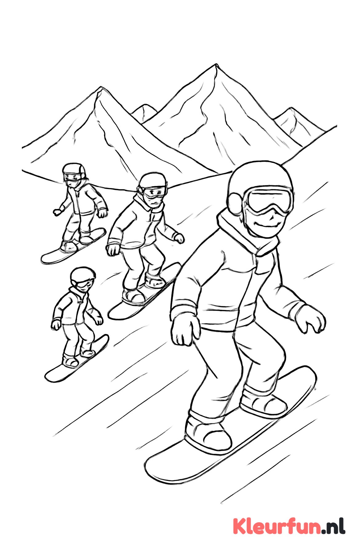 Groep snowboarders op steile piste