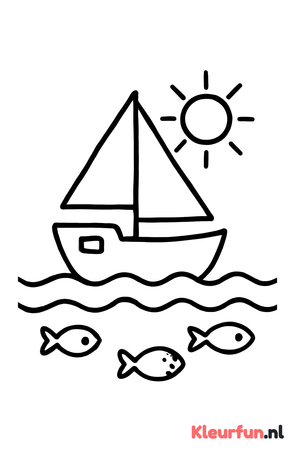 Groot zeilbootje met visjes en zon