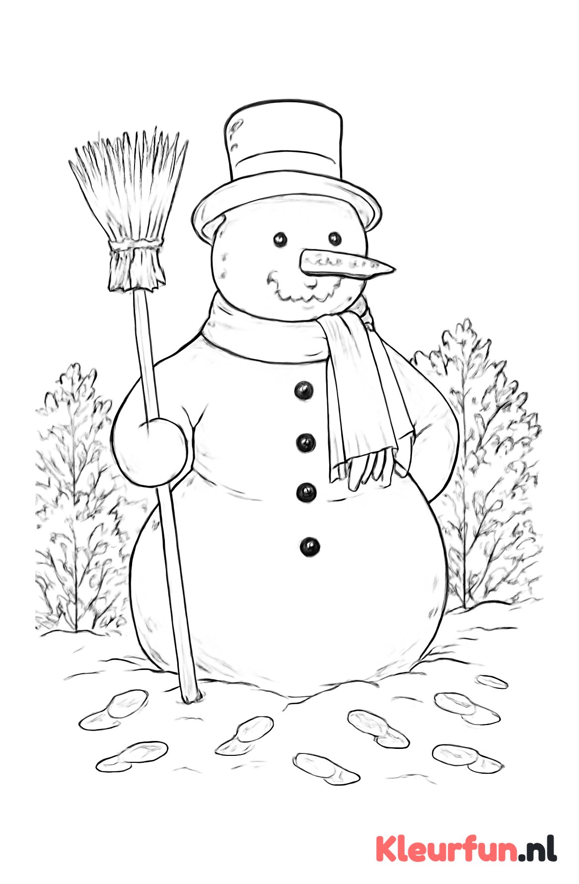 Grote sneeuwpop met bezem