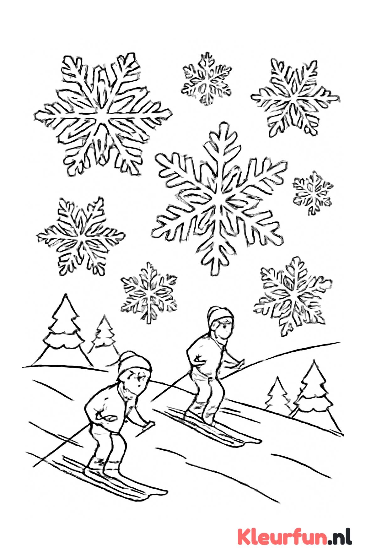 Grote sneeuwvlokken met skiërs