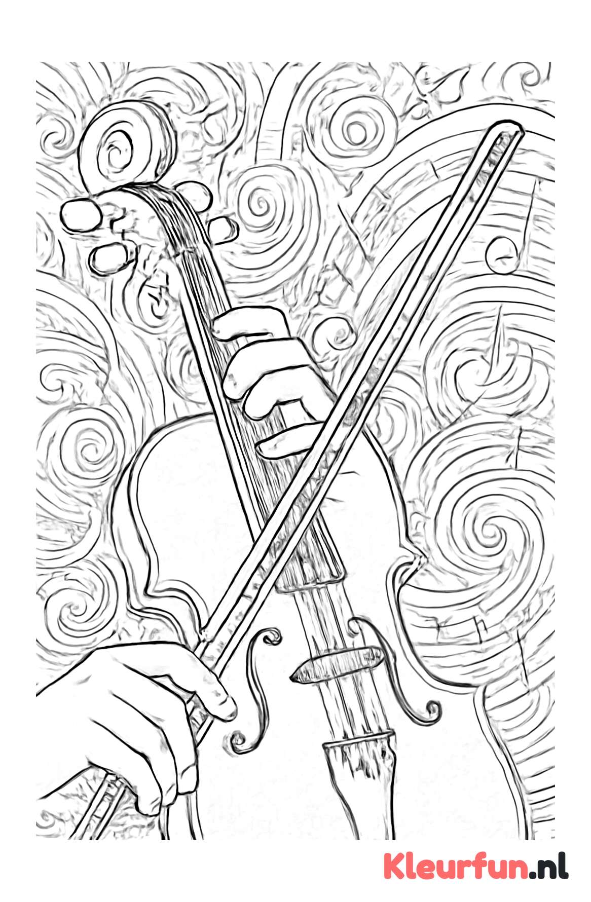 Hand speelt viool met abstracte muziekmotieven