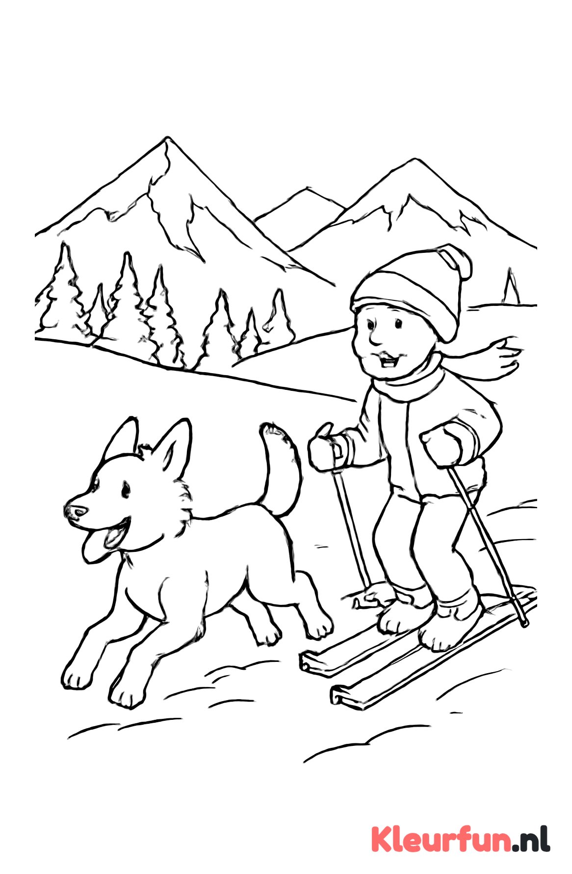 Hond rent in sneeuw met kind op ski's