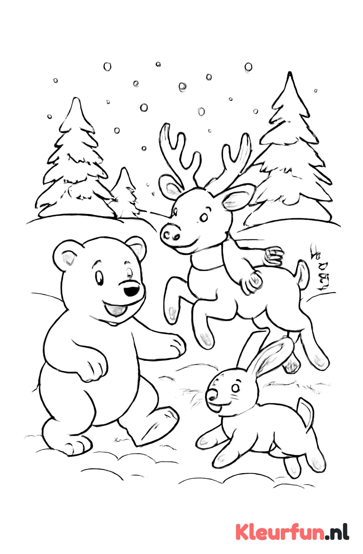 Winterdieren spelen in de sneeuw