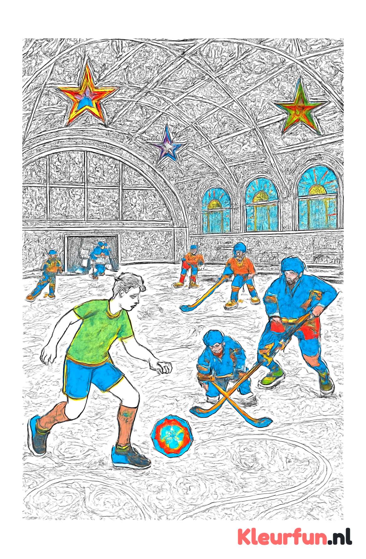 Indoor ijsbaan met diverse wintersport balsporten