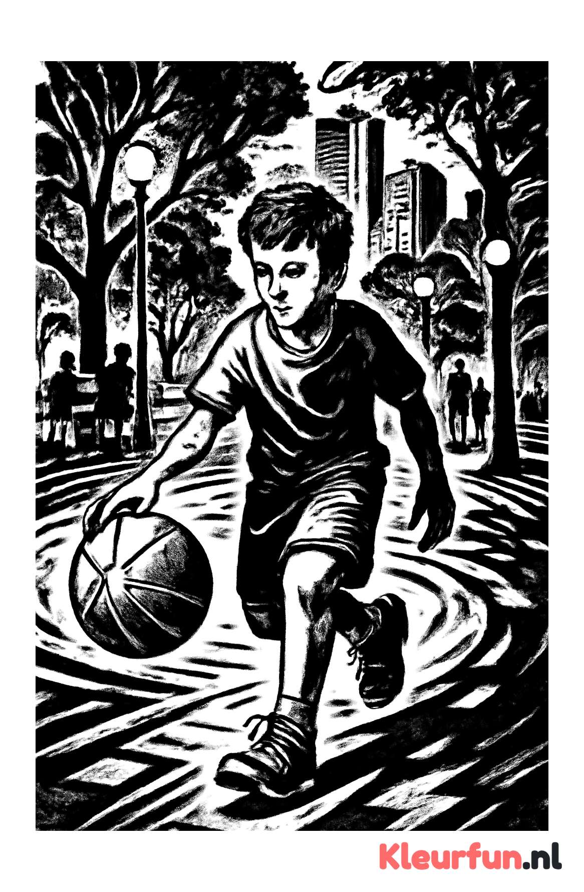 Jonge basketballer dribbelt door stadspark