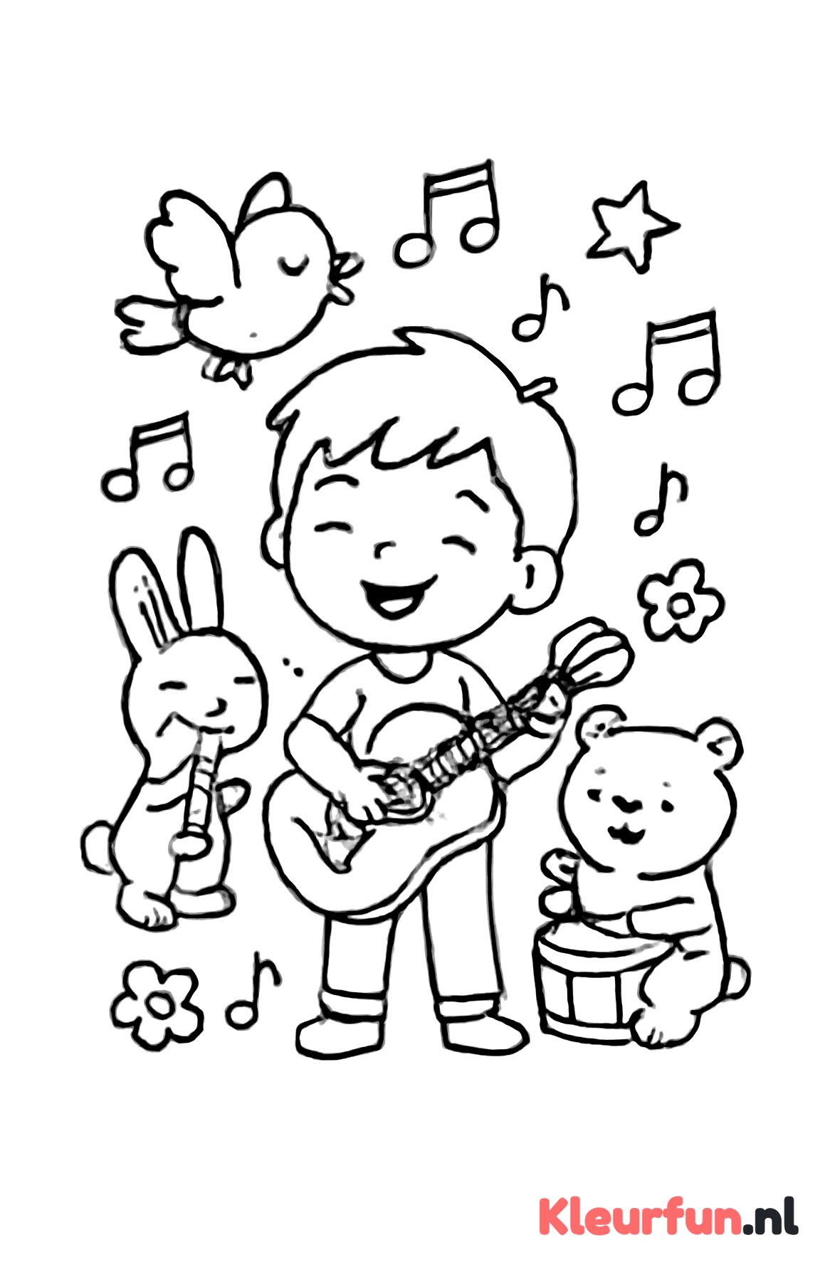 Kind speelt gitaar met dierenband