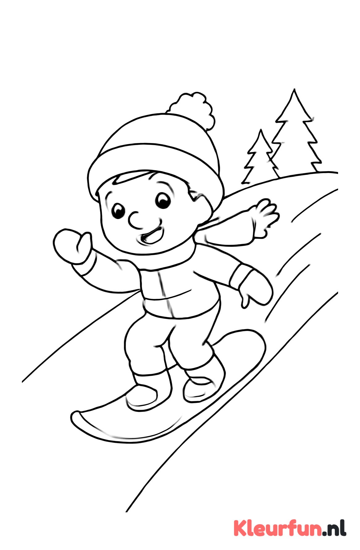 Kind op snowboard op besneeuwde heuvel