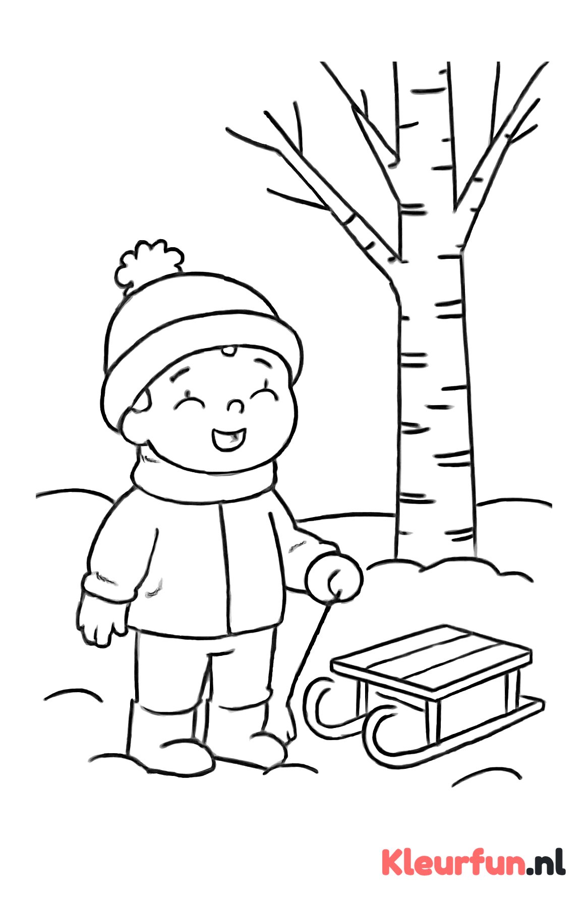 Kind met slee en winterboom