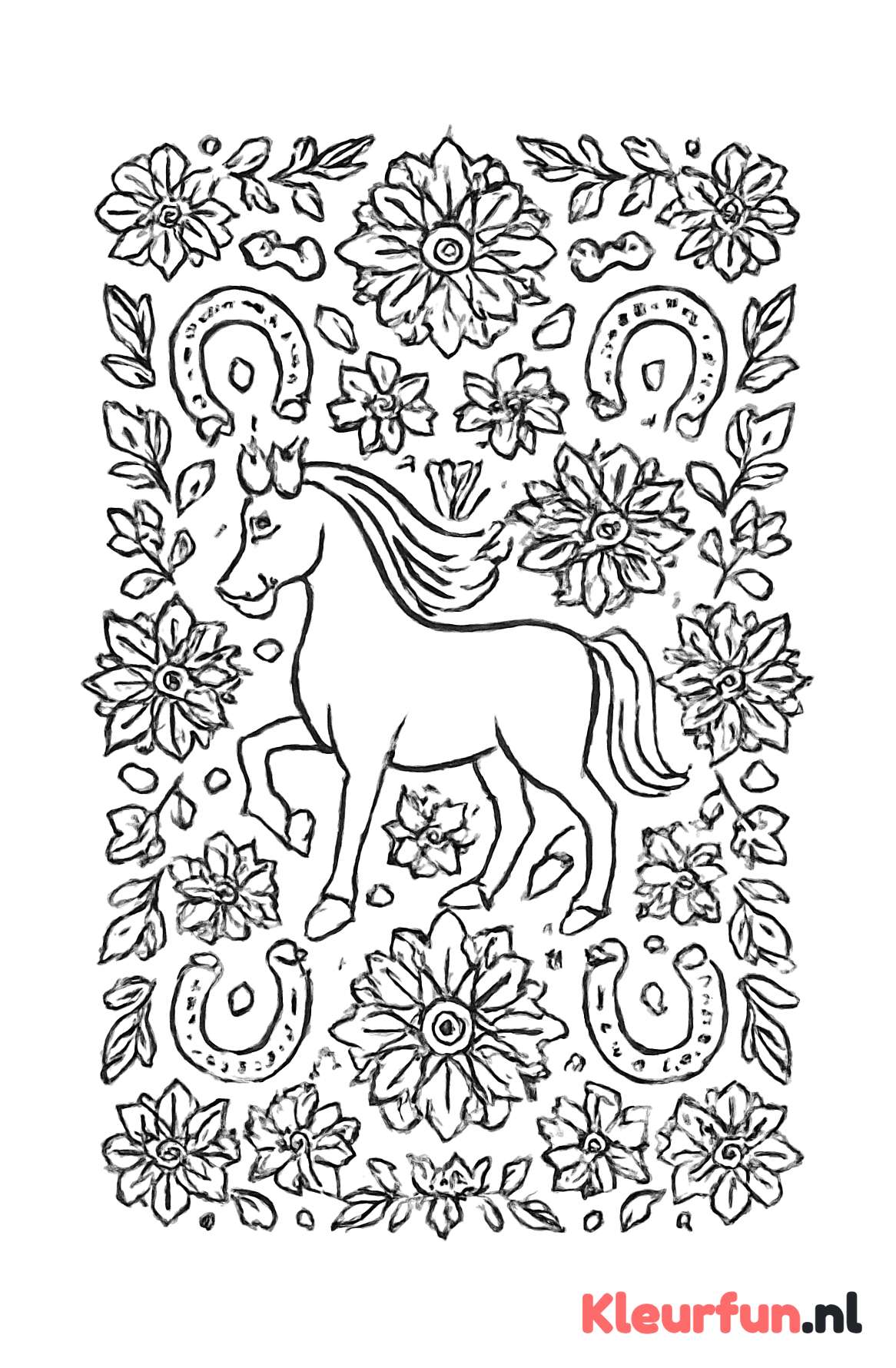 Paard met mandala bloemen en hoefafdrukken