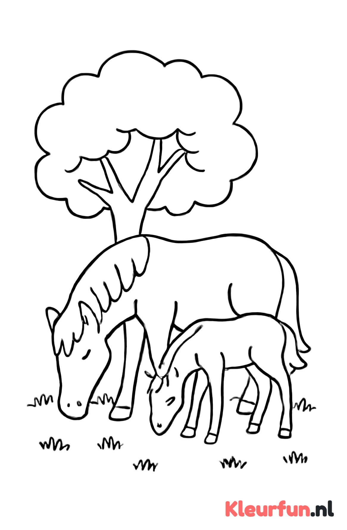 Paard en veulen grazen bij boom
