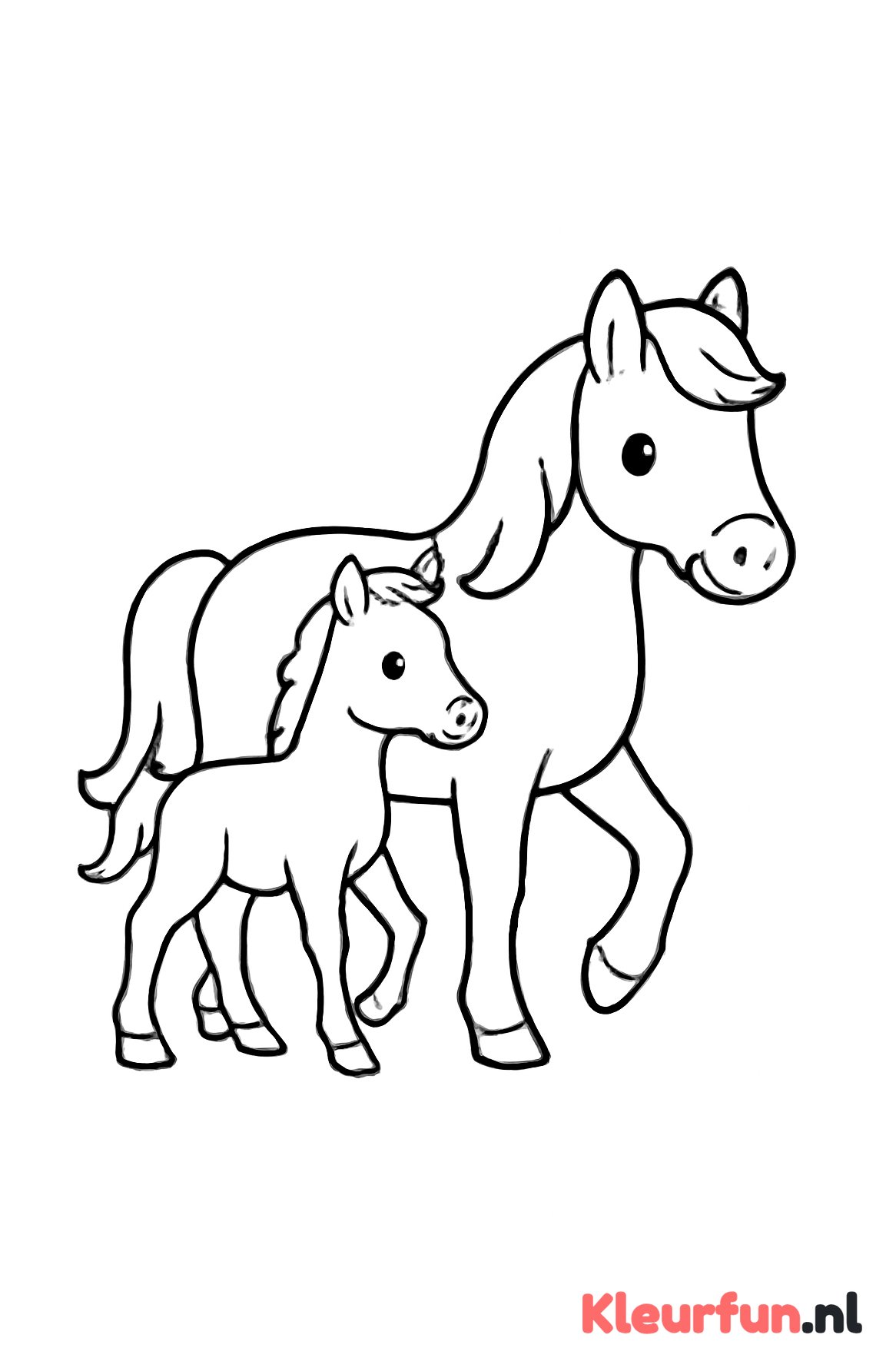 Paard en veulen wandelen samen