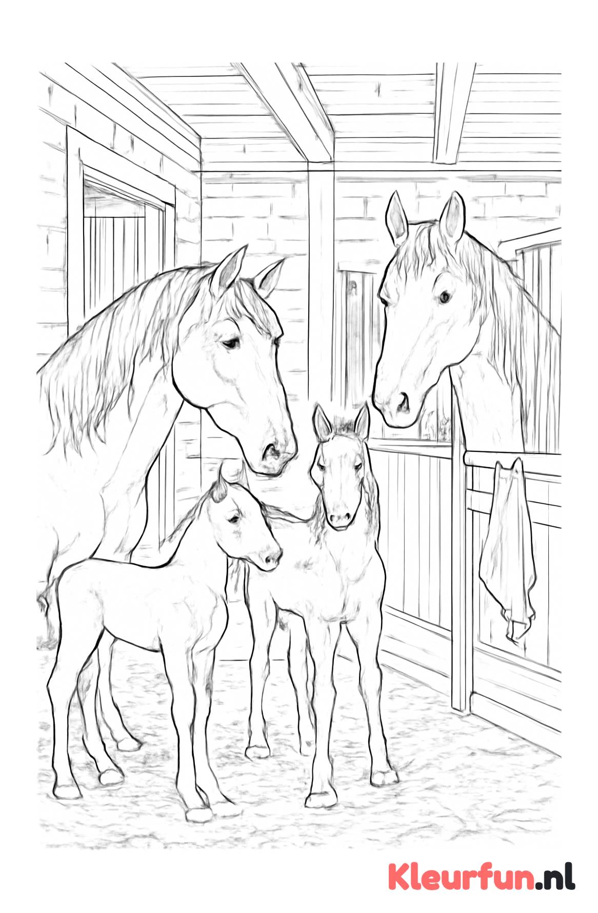Paarden en veulens in stal