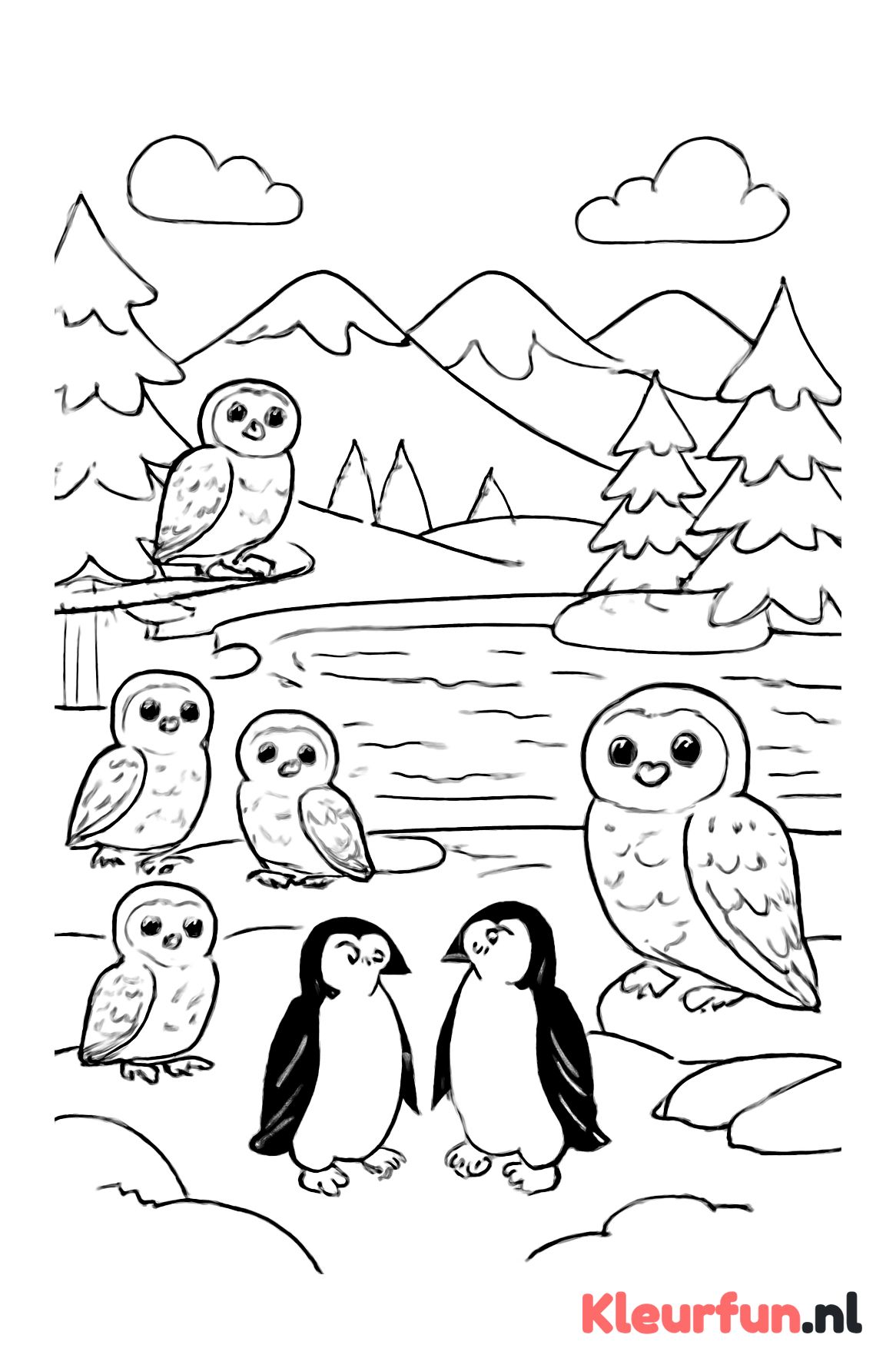 Sneeuwuilen en pinguïns in de winter