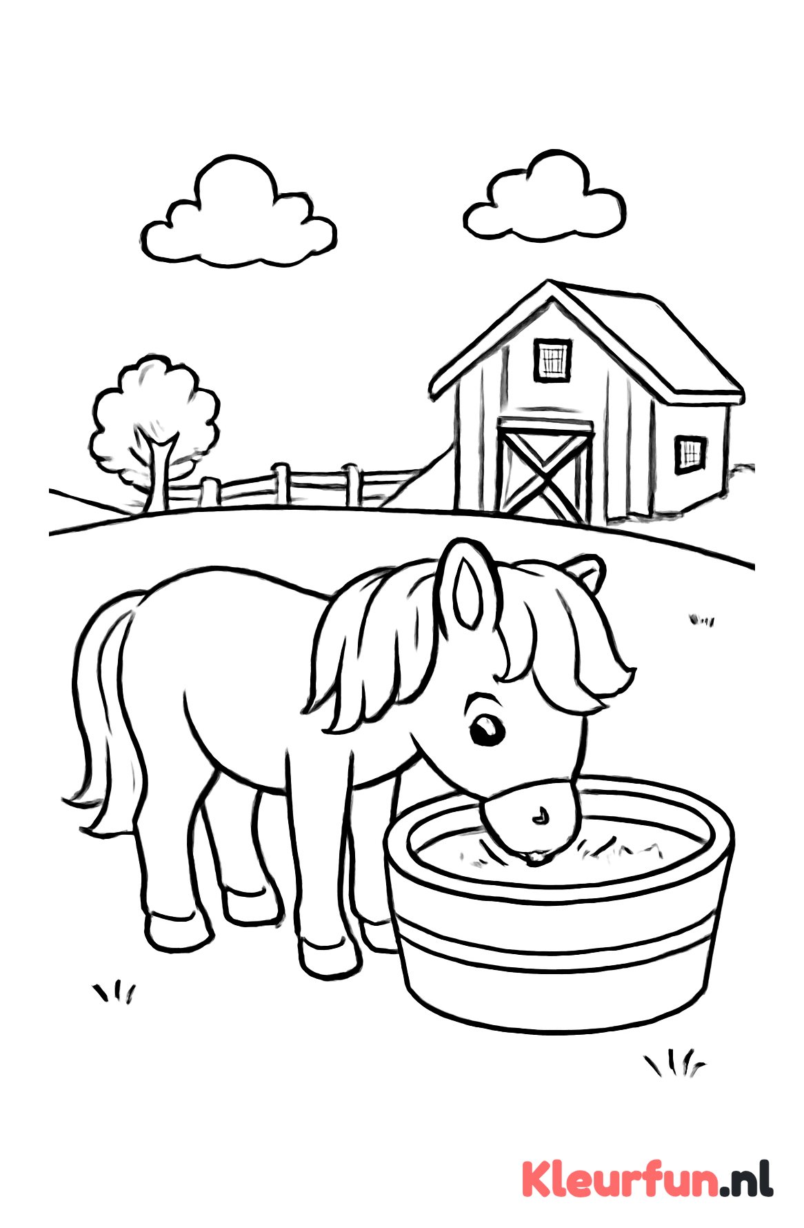 Pony drinkt uit waterbak