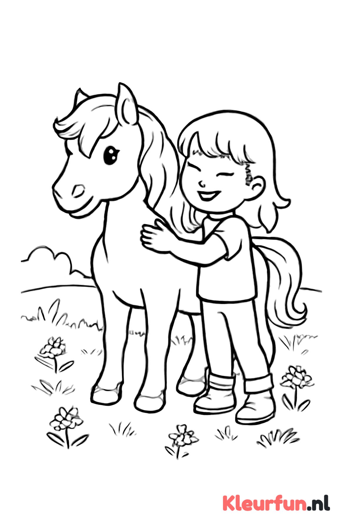 Pony met kind in het weiland