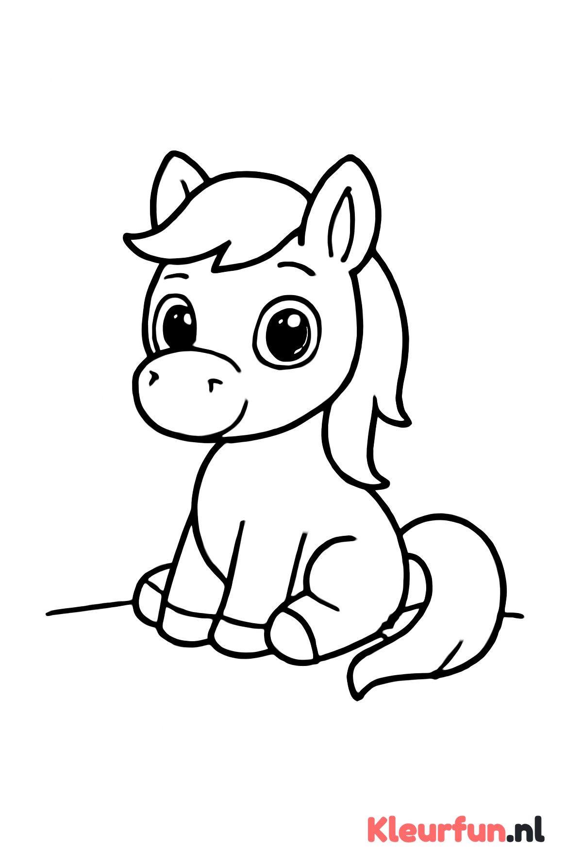 Pony zittend in open ruimte
