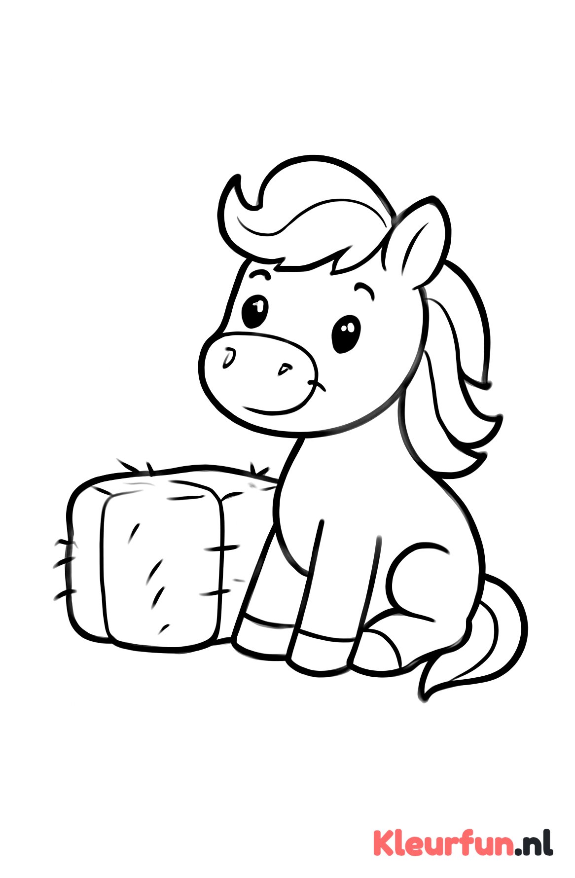 Zittende pony bij hooibaal