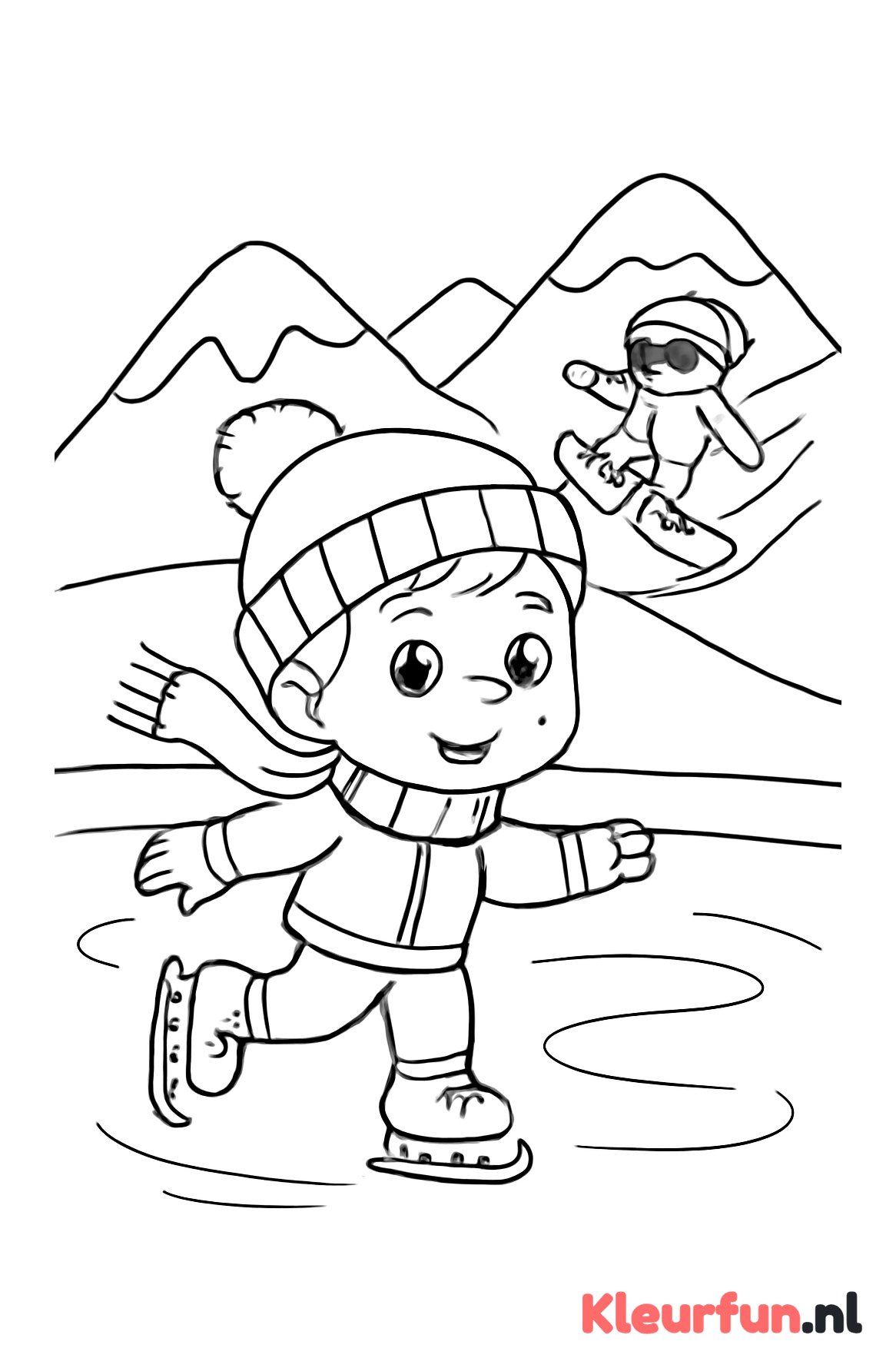 Schaatsen met snowboarder op de achtergrond
