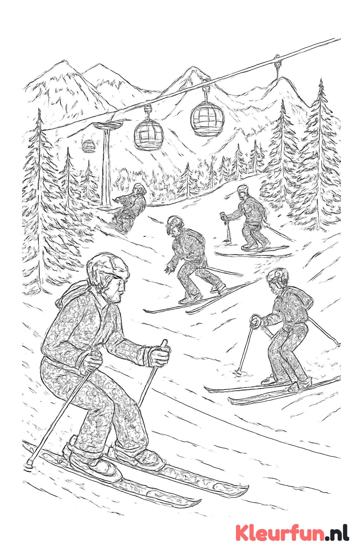 Skigebied met skiërs en bergen
