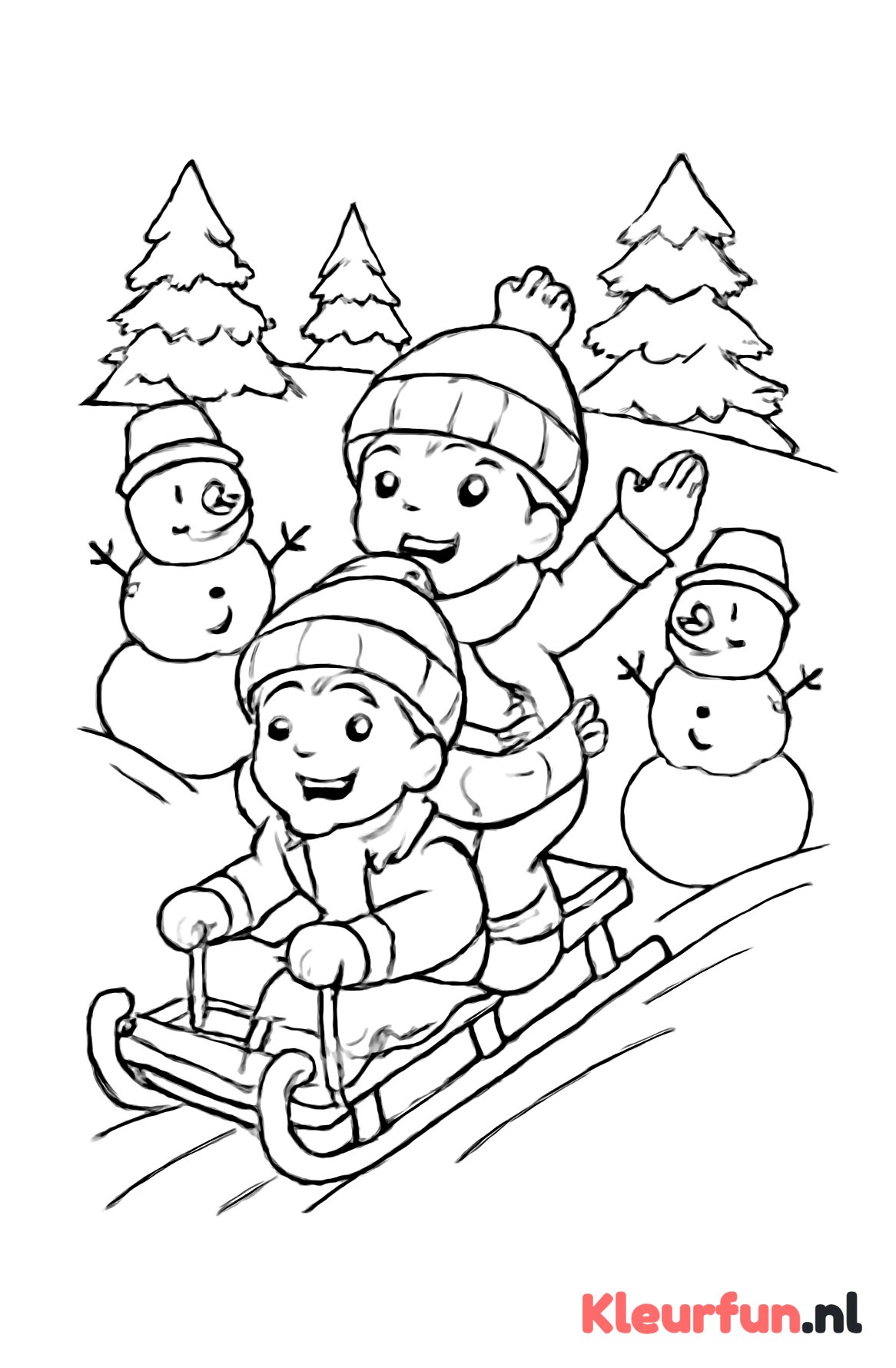 Kinderen op slee met sneeuwpoppen