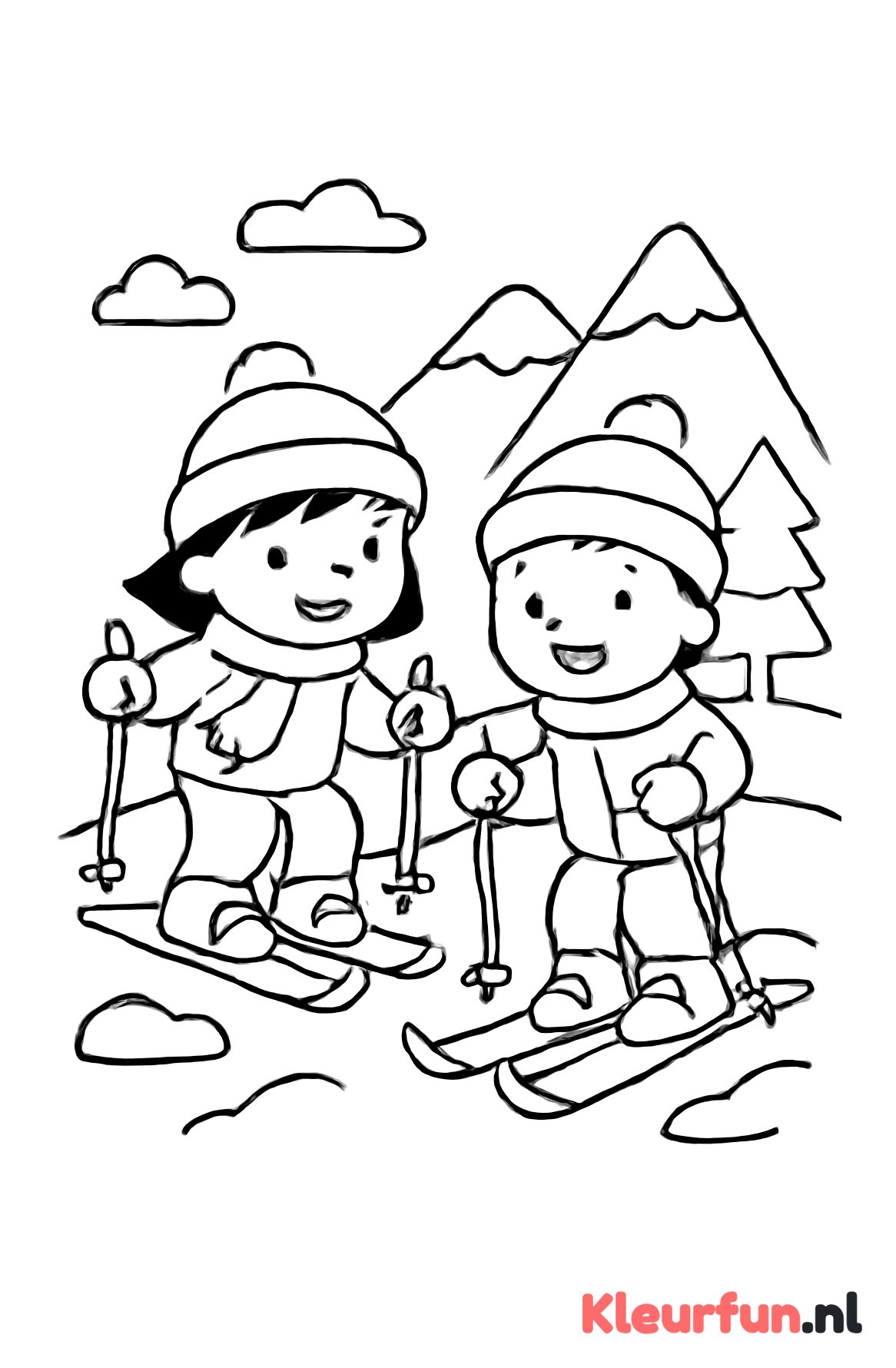 Twee kinderen samen skiën