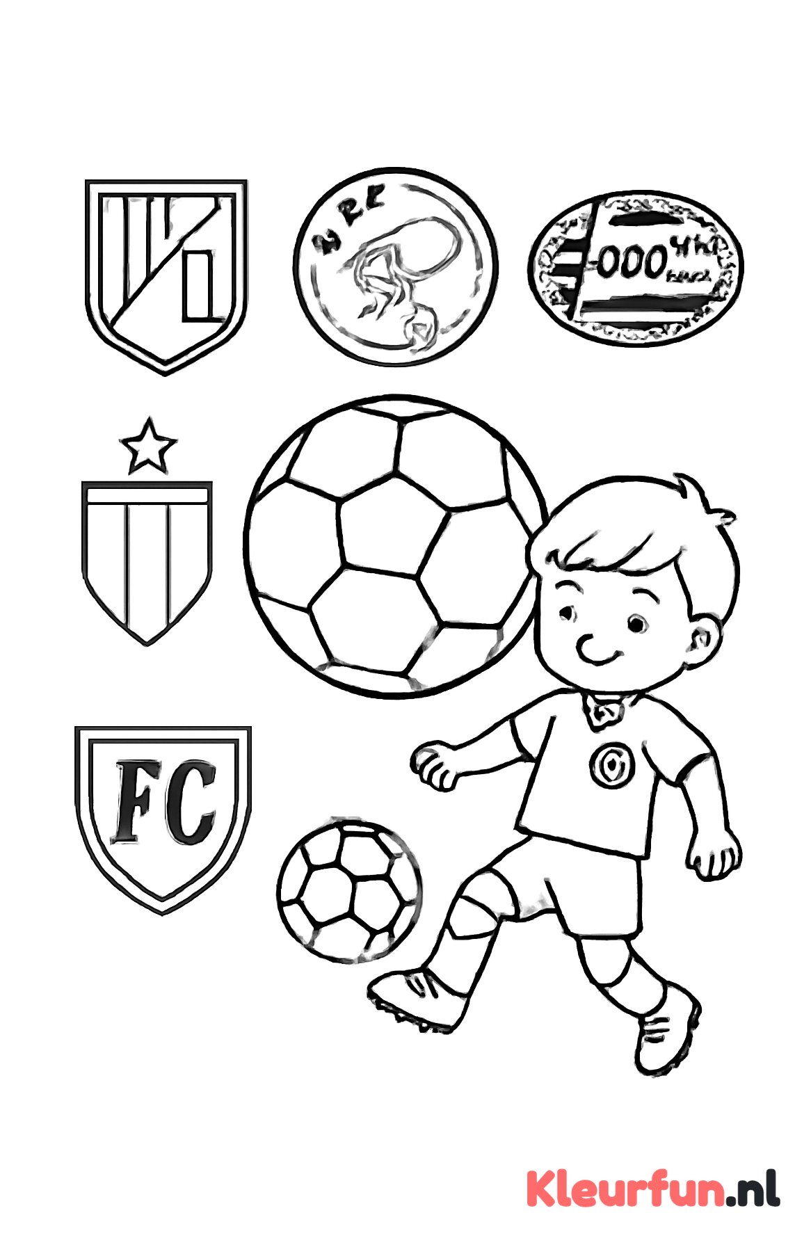Voetbal met verschillende clublogo's en kindvoetballer