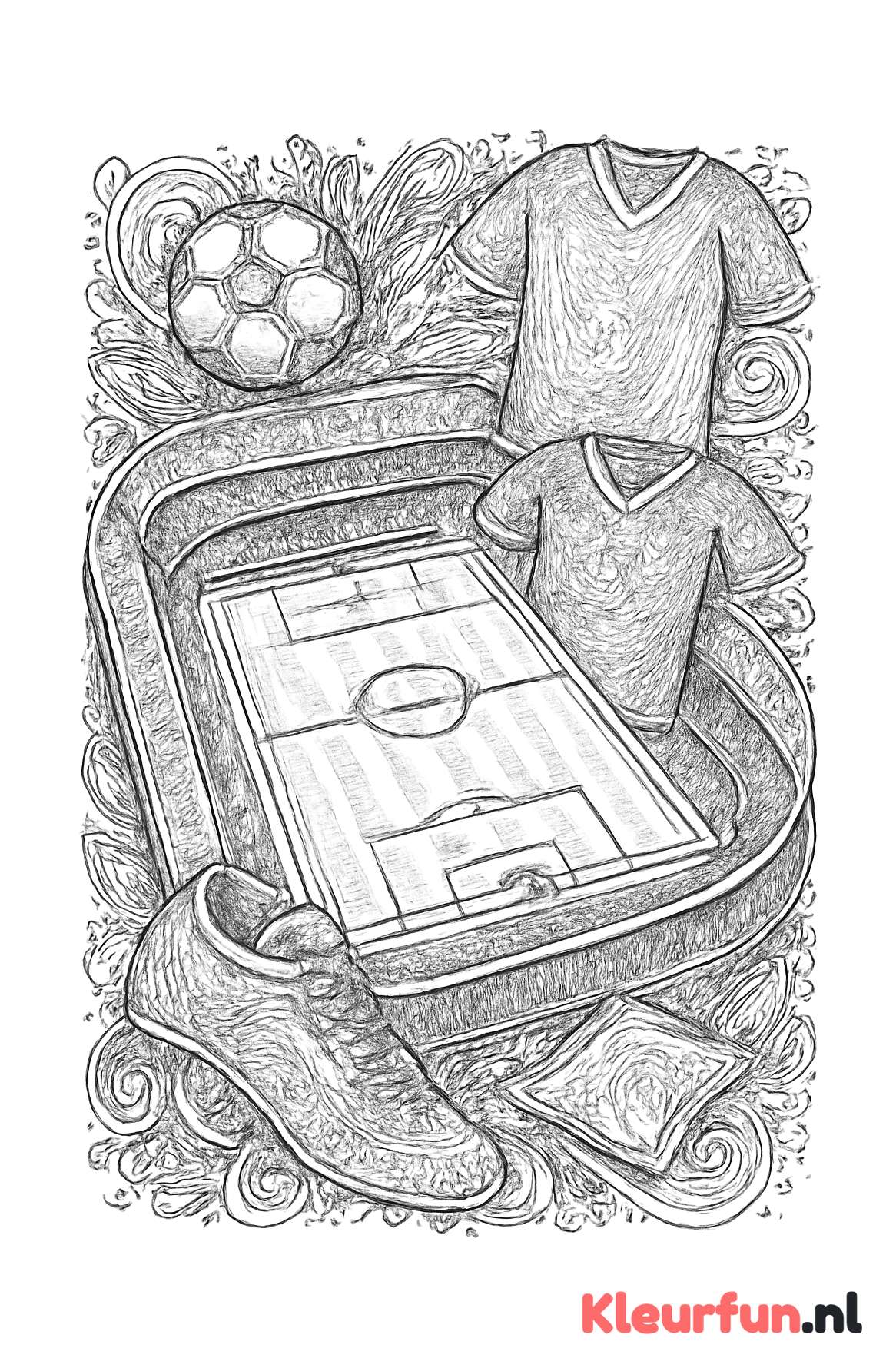 Voetbalveld in vogelvlucht met materialen
