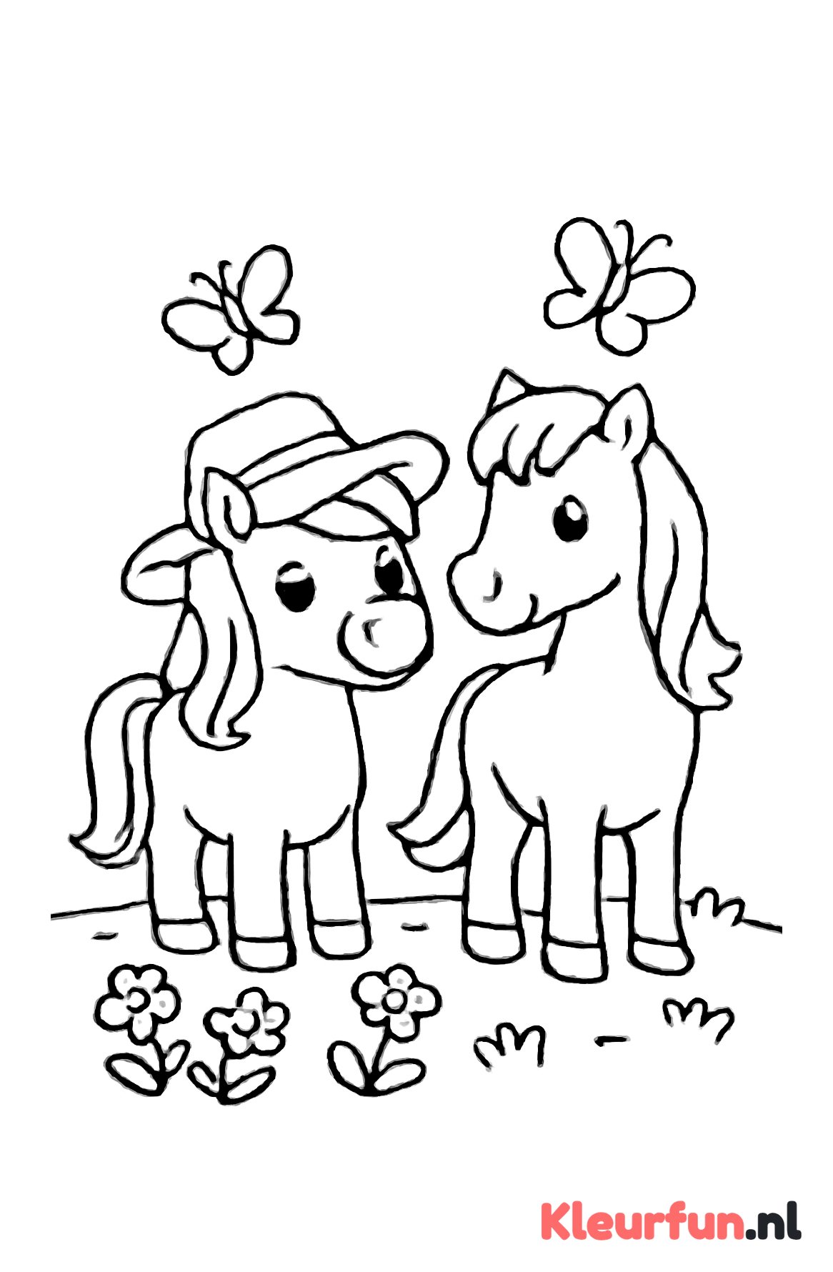 Vrolijke pony en paard met bloemen