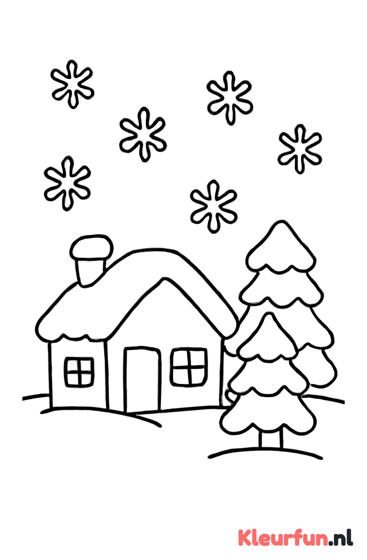 Winterlandschap met huis en dennenbomen