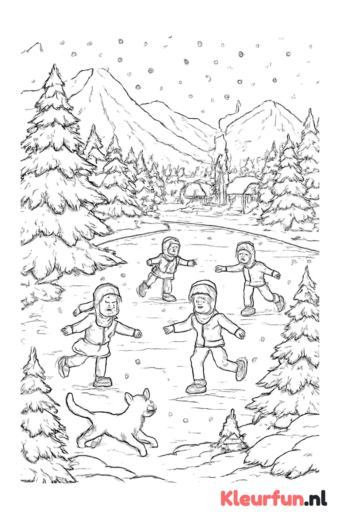 Winters landschap met schaatsende kinderen en bergdorp