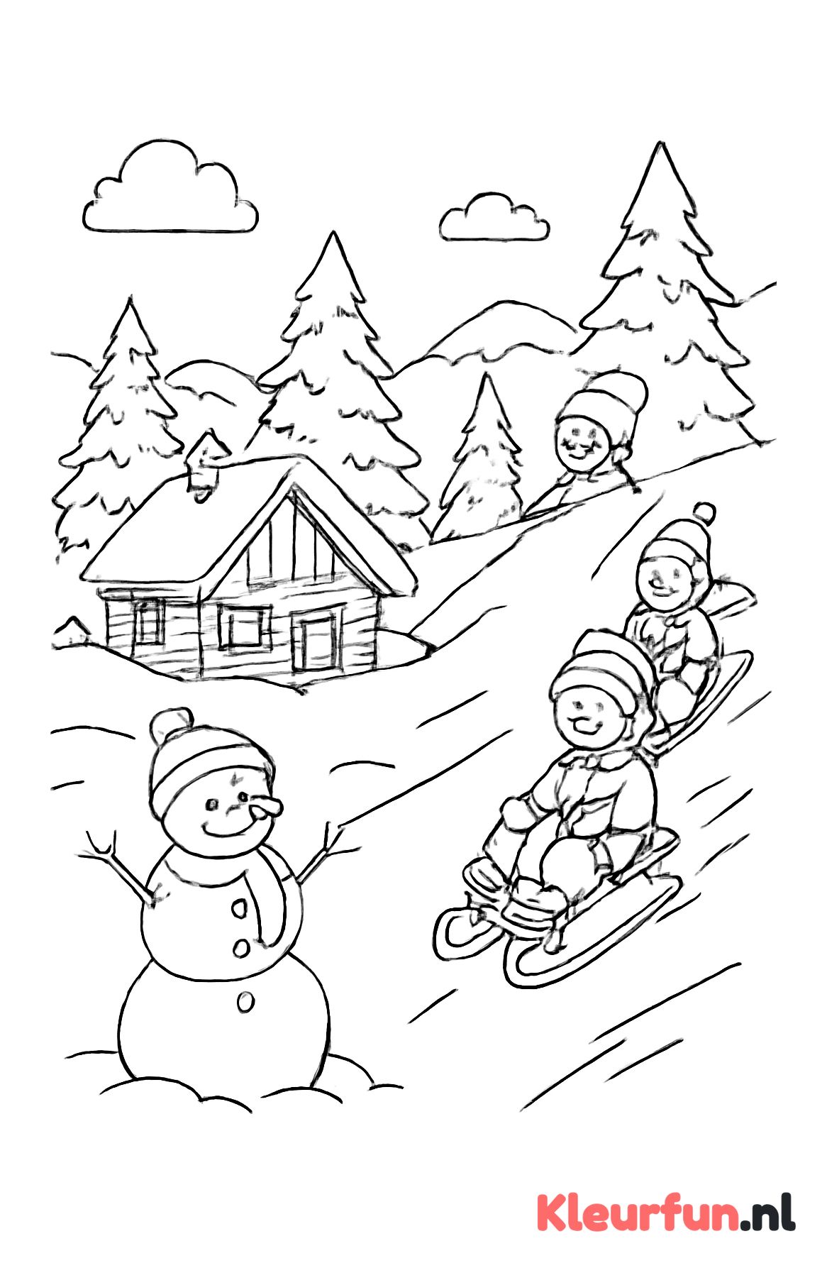 Winters landschap met sleeënde kinderen
