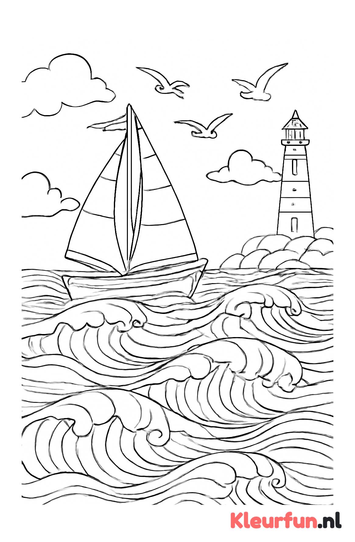 Zeilboot en vuurtoren bij de zee
