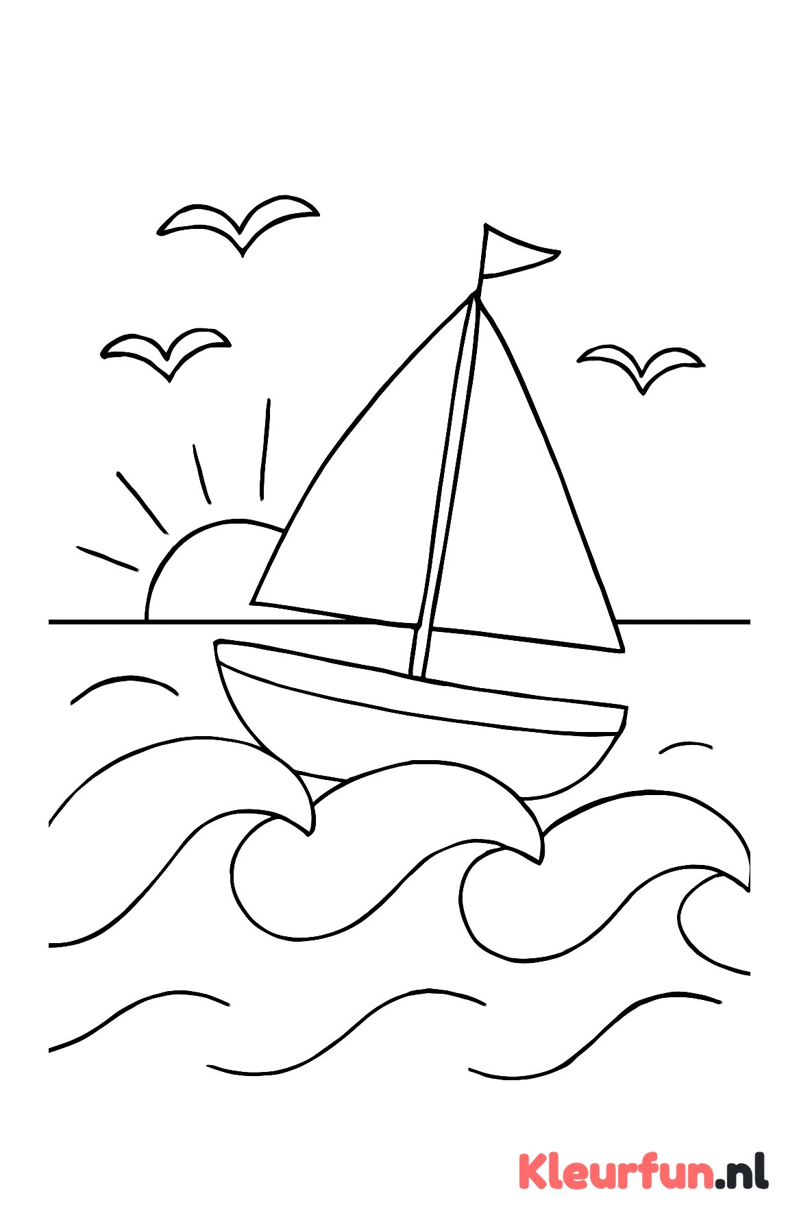 Zeilboot in baai met zon en vogels